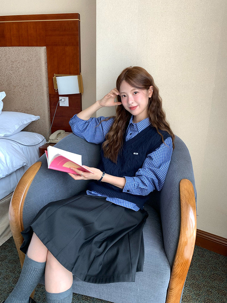 Vintage Check Shirt with Heritage Cable Knit Vest &Tie SET WSVS0334