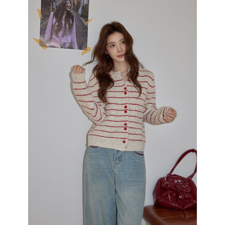 Parisian Rouge Stripe Knit Cardigan KKKC0337