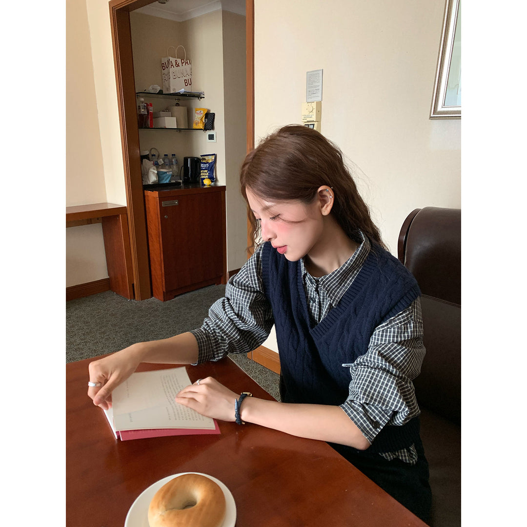 Vintage Check Shirt with Heritage Cable Knit Vest &Tie SET WSVS0334