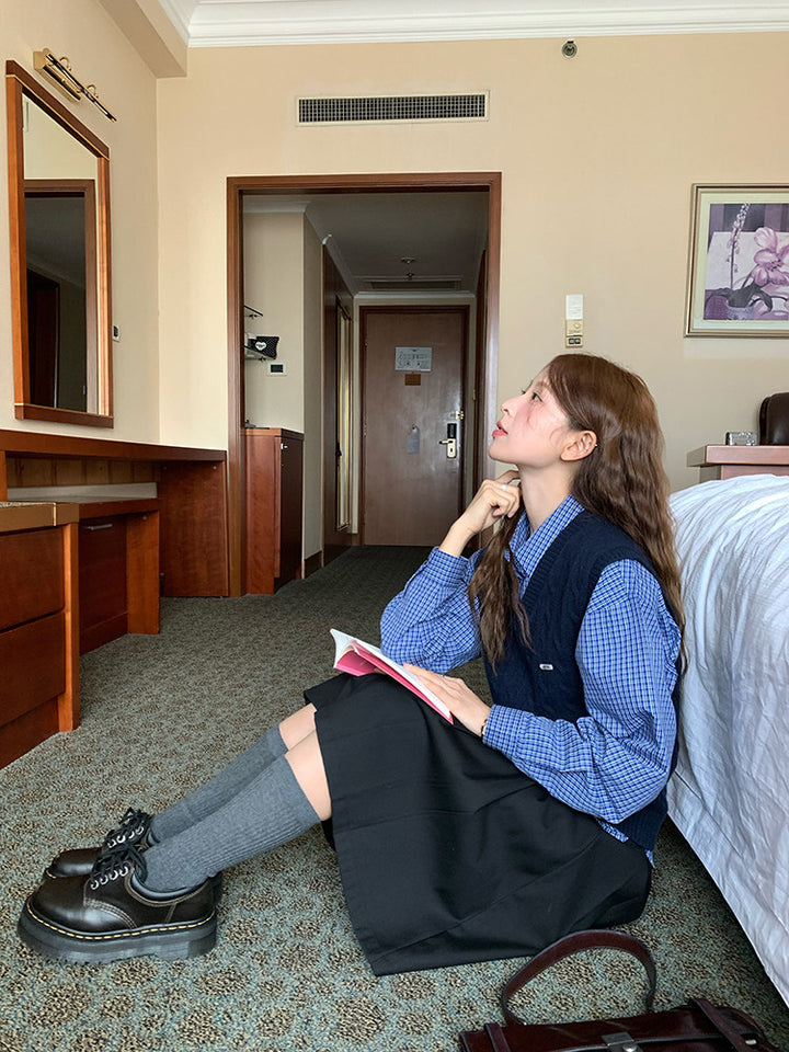 Vintage Check Shirt with Heritage Cable Knit Vest &Tie SET WSVS0334