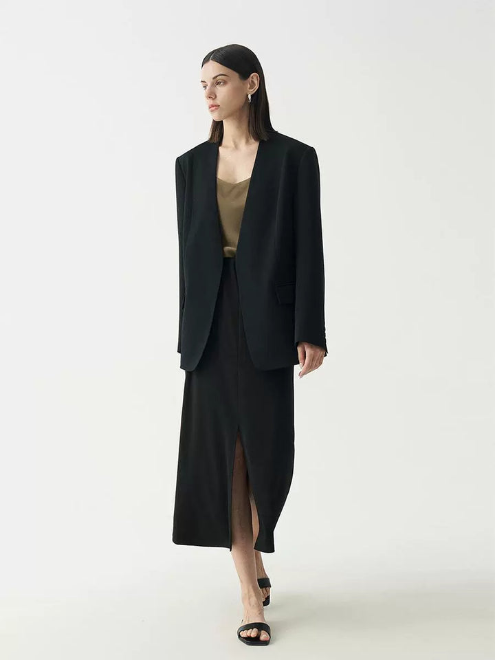 Minimalist Black Casual Collarless Blazer SSCB0059
