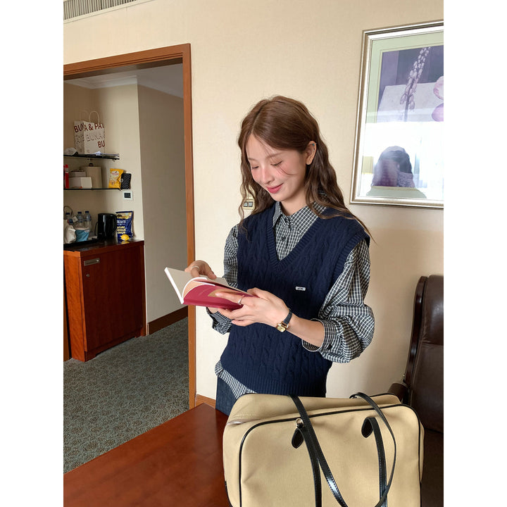 Vintage Check Shirt with Heritage Cable Knit Vest &Tie SET WSVS0334