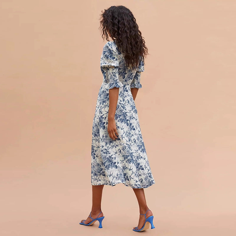 French Vintage Floral Slit Midi Dress REMD0263