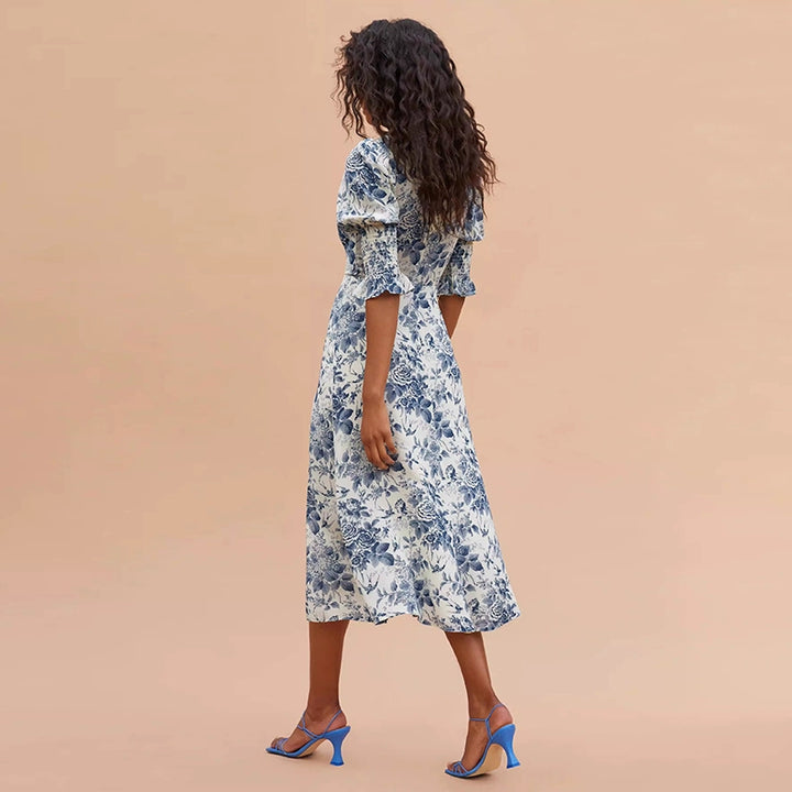 French Vintage Floral Slit Midi Dress REMD0263