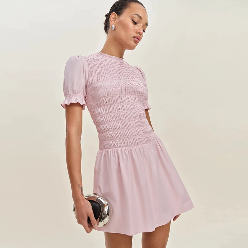 Rosette Smocked Puff Sleeve Dress SDPD0198