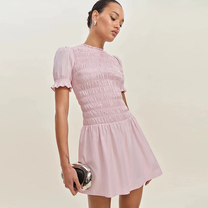 Rosette Smocked Puff Sleeve Dress SDPD0198