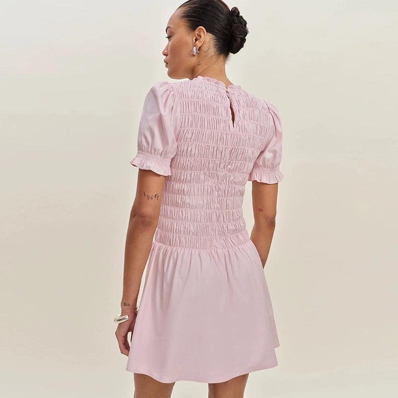 Rosette Smocked Puff Sleeve Dress SDPD0198