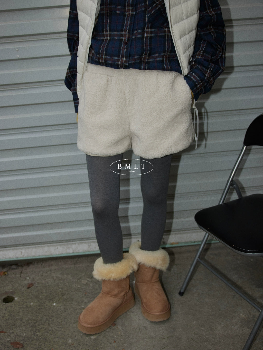 BMLT [Snow Rock White Qiao] Autumn and Winter Korean thickened elastic waist slacks versatile lambswool warm high-waisted shorts