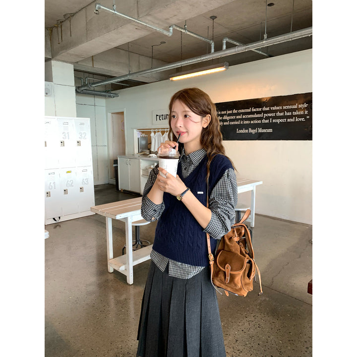 Vintage Check Shirt with Heritage Cable Knit Vest &Tie SET WSVS0334