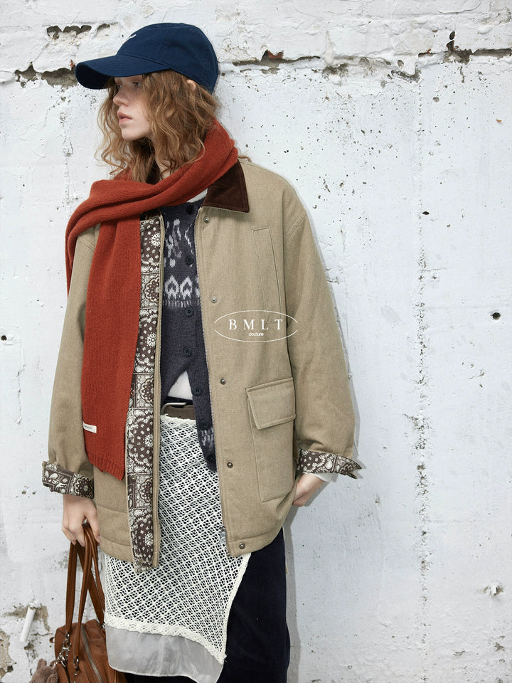 BMLT [frost and snow first sunny] Barn style 98 cotton old money wind mid-length thickened autumn and winter casual women's lapel cotton jacket