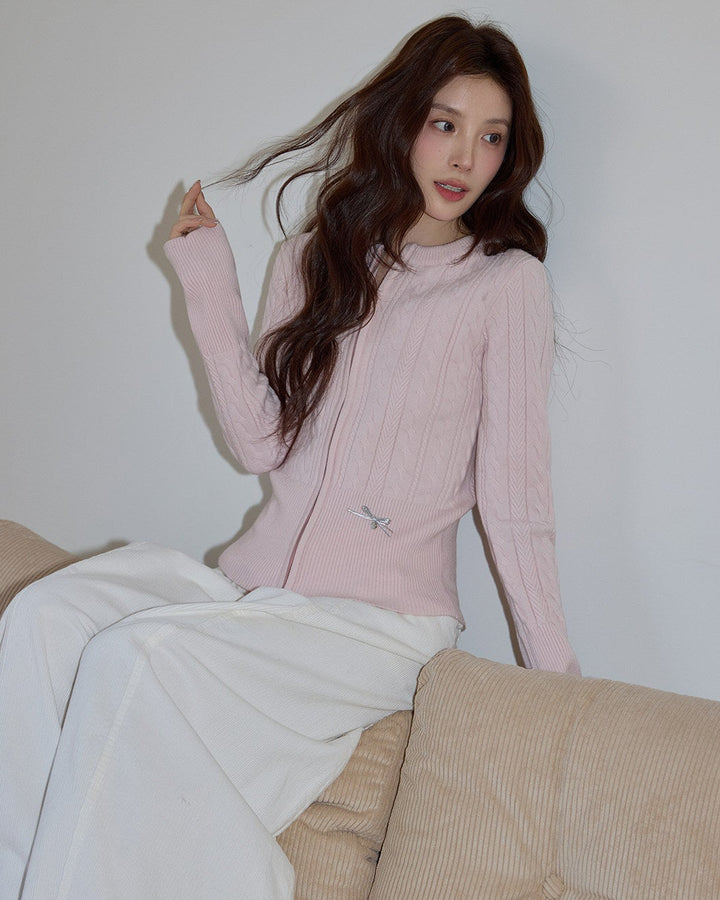 Ribbon Zip Cable Knit Cardigan KKZC0325