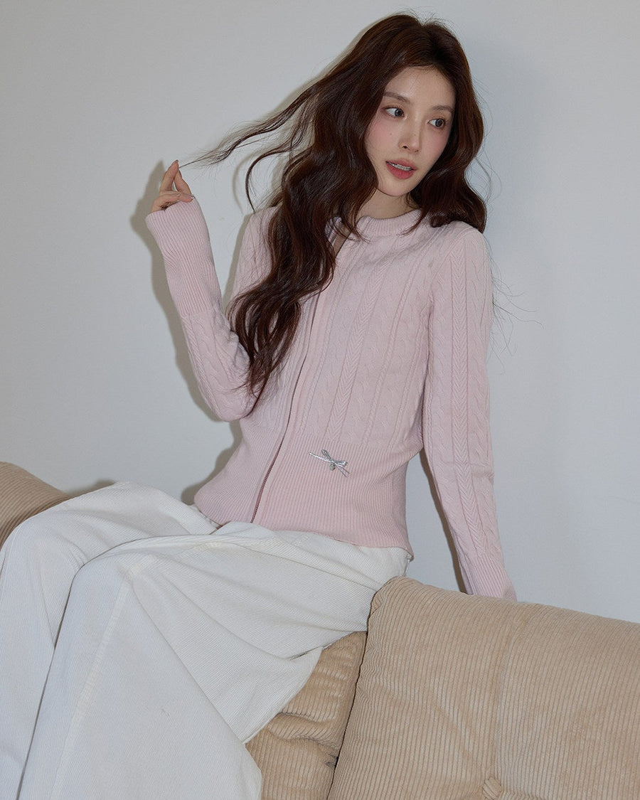 Ribbon Zip Cable Knit Cardigan KKZC0325