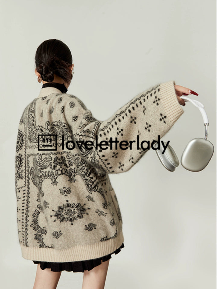 Vintage Oversized Jacquard Knit Cardigan LLKC0017