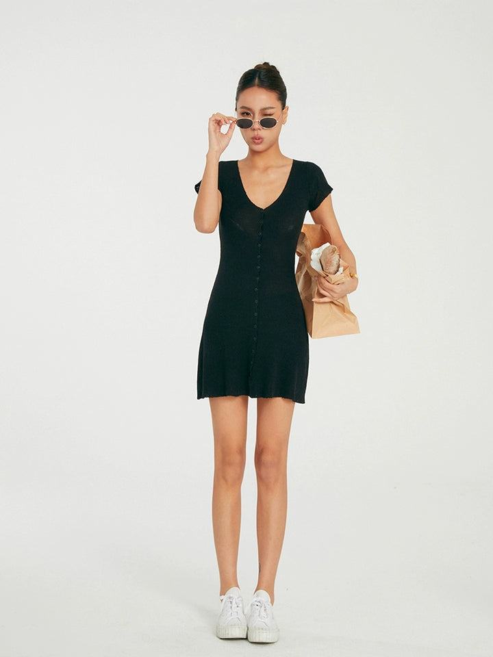 SoftEase Ribbed V-Neck Mini Dress DGMD0196