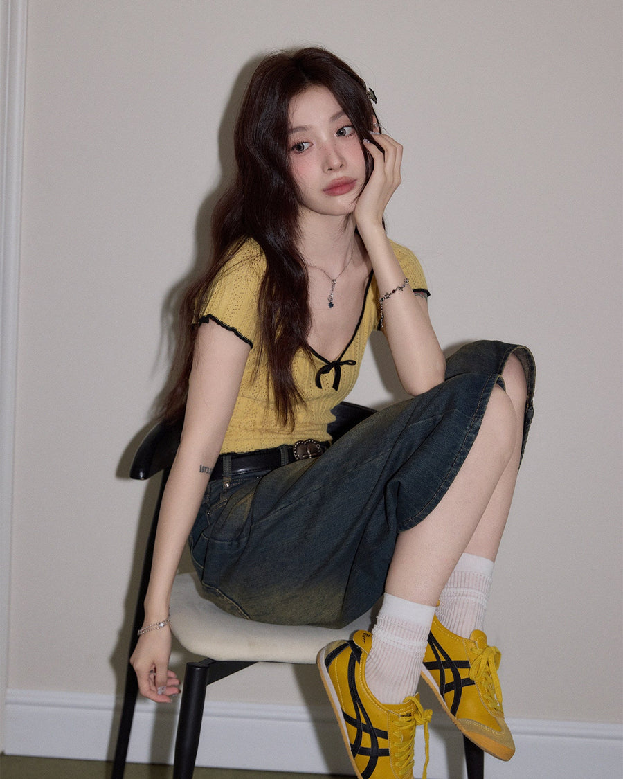 Butter Ribbon Pointelle Knit Top KKKT0343