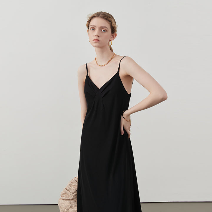 SilkEase Noir Midi Slip Dress CCSD0169