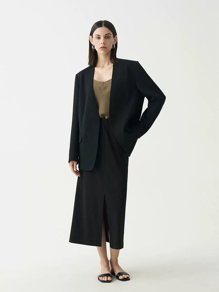 Minimalist Black Casual Collarless Blazer SSCB0059