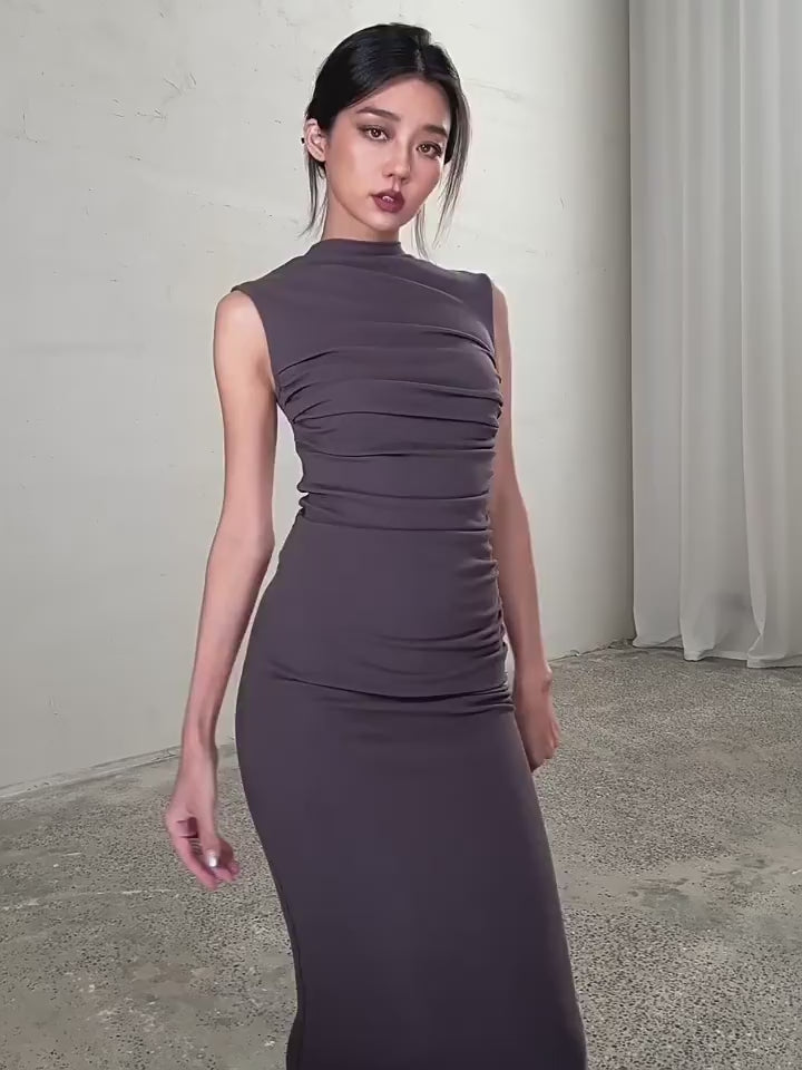 Elegant High-Neck Ruched Midi Dress MSMD0258